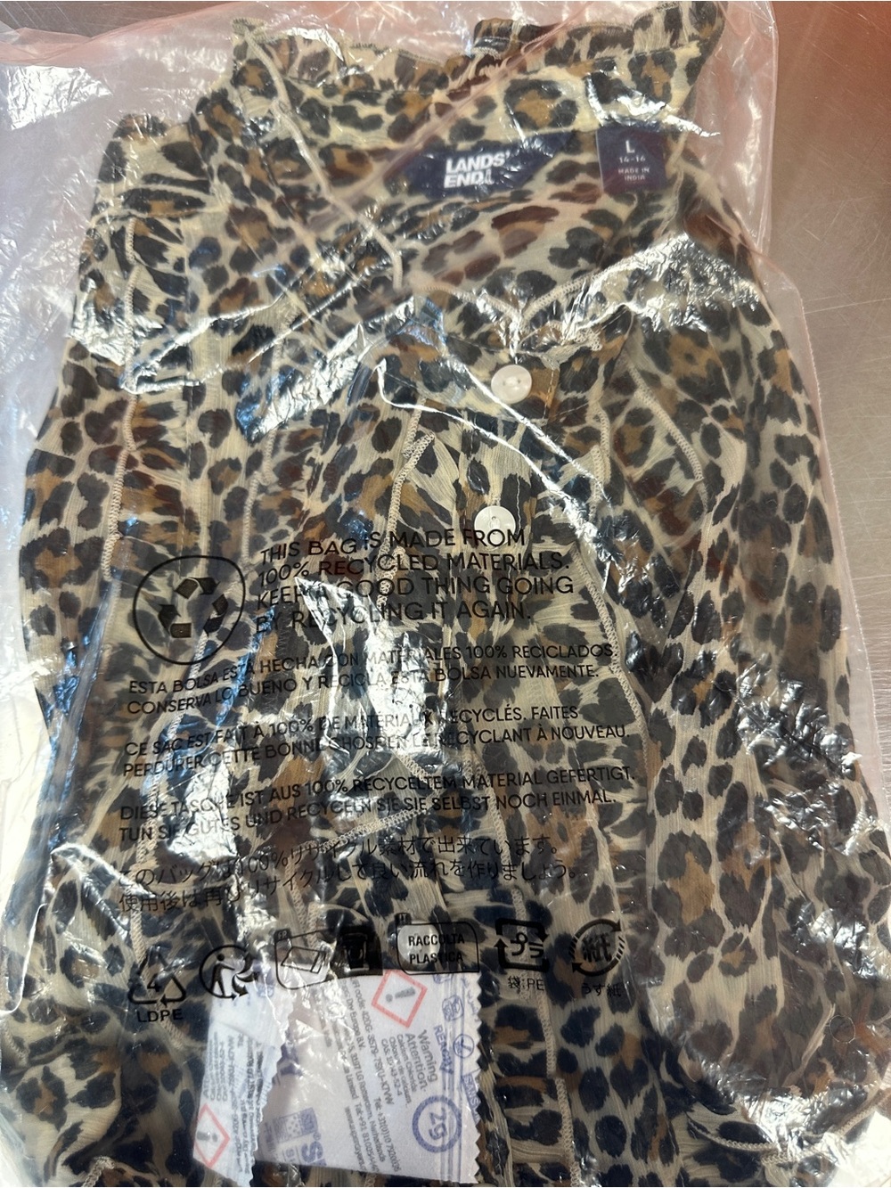 Women’s Lands' End NWT Chiffon Ruffle Button Down Top Leopard Print Size Large